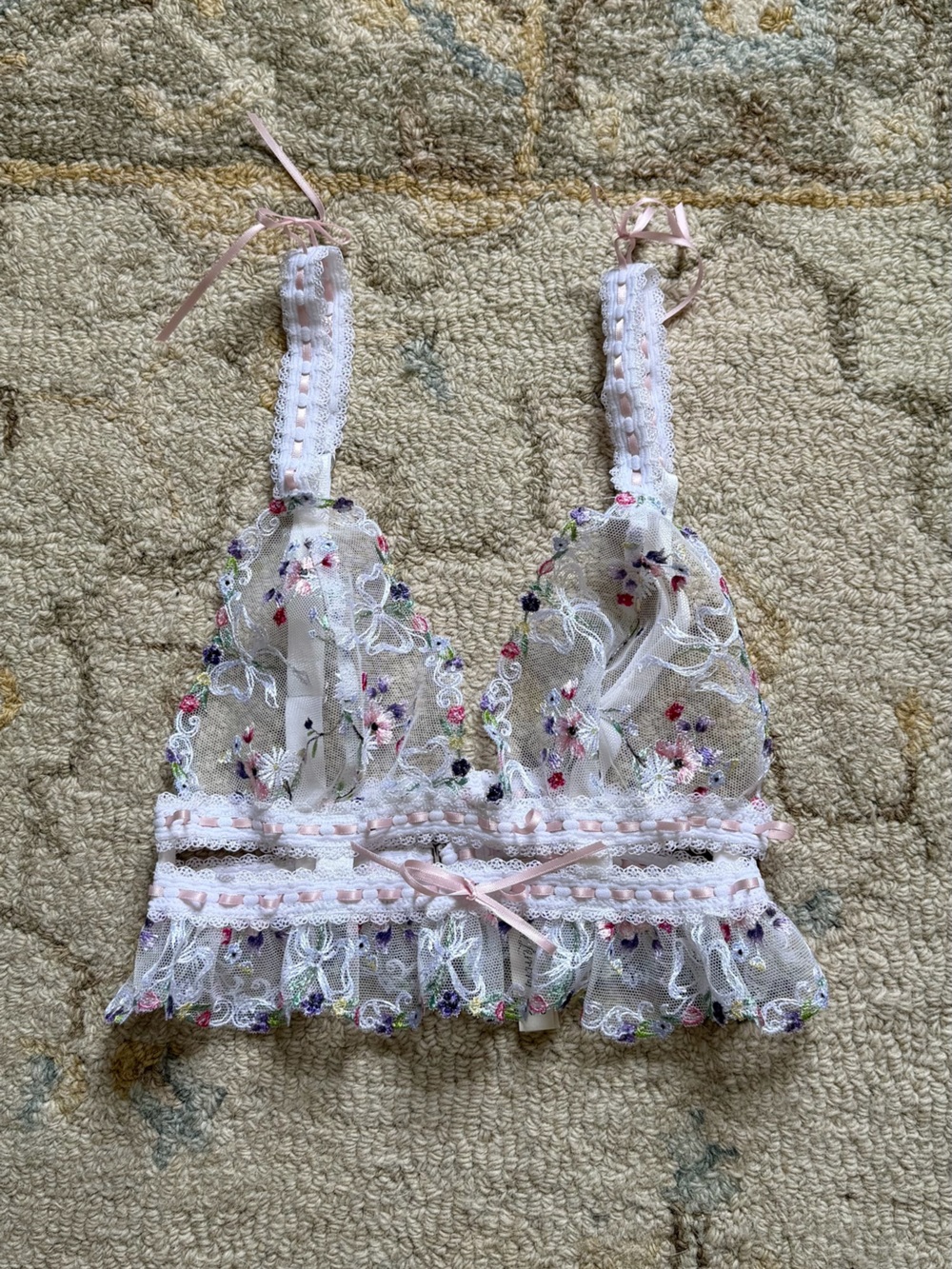 For Love And Lemons White Sheer Lace Bralette with Pastel Floral Embroidery